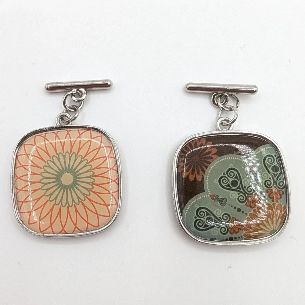 Retro Geometric Floral‎ Square Cufflinks Set 2 Pairs Orange Teal Silver Tone